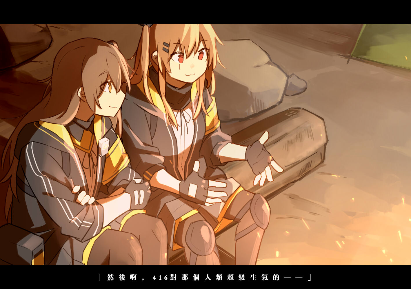 xinhao, ump45 (girls' frontline), ump9 (girls' frontline), girls' frontline, non-web source, 2girls, armband, black jacket, blouse, hood, hooded jacket, jacket, long hair, long sleeves, multicolored jacket, multiple girls, open clothes, open jacket, ponytail, scar, scar across eye, scar on face, scarf on head, shirt, skirt, smile, twintails, white shirt, yellow armband