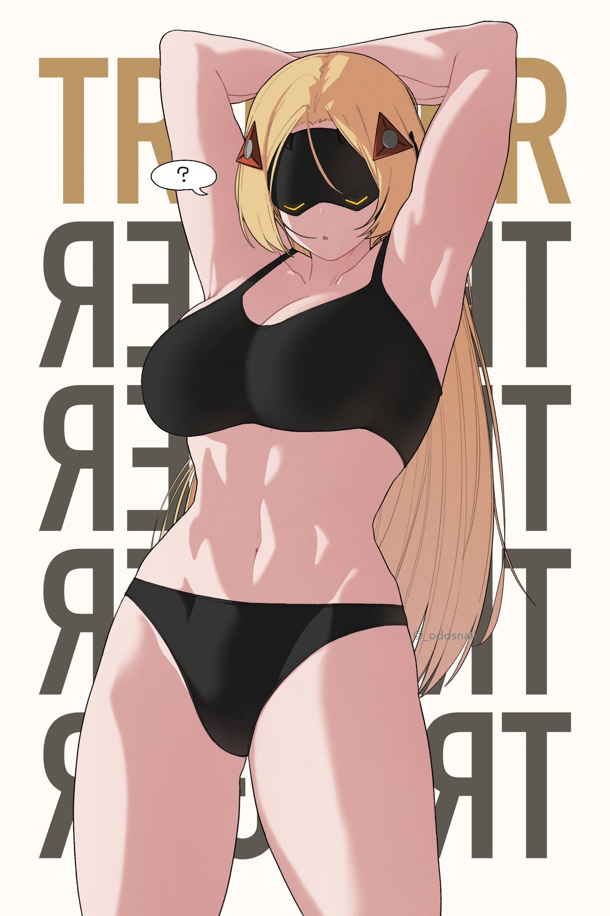 oddsnail, trigger (zenless zone zero), zenless zone zero, absurdres, hashtag-only commentary, highres, 1girl, ?, arms behind head, black bra, black panties, blindfold mask, blonde hair, bra, breasts, character name, covered eyes, glowing mask, hair ornament, large breasts, long hair, mask, panties, ponytail, solo, toned, toned female, triangle hair ornament, underwear