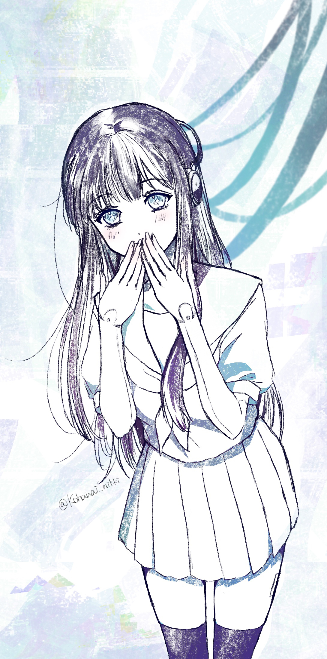 kohanai setsuna, nikki (series), shining nikki, commentary request, highres, 1girl, ai (shining nikki), artificial intelligence, blue background, blue eyes, cable, closed mouth, covering own mouth, cowboy shot, eyelashes, greyscale with colored background, happy, headphones, light blush, long hair, long sidelocks, looking at viewer, miniskirt, neckerchief, pleated skirt, puffy short sleeves, puffy sleeves, sailor collar, school uniform, seams, serafuku, shirt, short sleeves, sidelocks, skirt, smile, solo, spot color, standing, thighhighs, twitter username, very long hair, zettai ryouiki