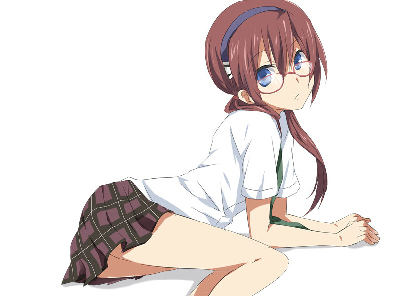 maruki (punchiki), makinami mari illustrious, evangelion: 2.0 you can (not) advance, neon genesis evangelion, rebuild of evangelion, bad id, bad pixiv id, 00s, 1girl, blue eyes, blue hairband, brown hair, female focus, glasses, green necktie, hairband, long hair, looking at viewer, necktie, pleated skirt, school uniform, shirt, skirt, solo, white background, white shirt