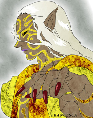 kusuriuri (mononoke), kusuriuri (shingi) (mononoke), mononoke, lowres, 00s, 1boy, bodypaint, dark-skinned male, dark skin, demon form, facial mark, facial tattoo, japanese clothes, kimono, long hair, makeup, male focus, pointy ears, solo, tattoo, white hair