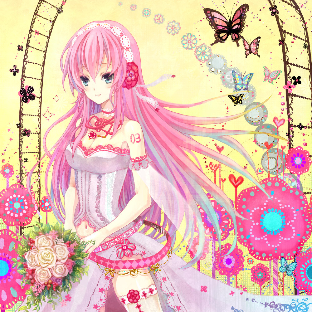 anko kinako, megurine luka, vocaloid, bad id, bad pixiv id, belt, blue eyes, bug, butterfly, flower, headband, insect, long hair, pink hair, ribbon, solo