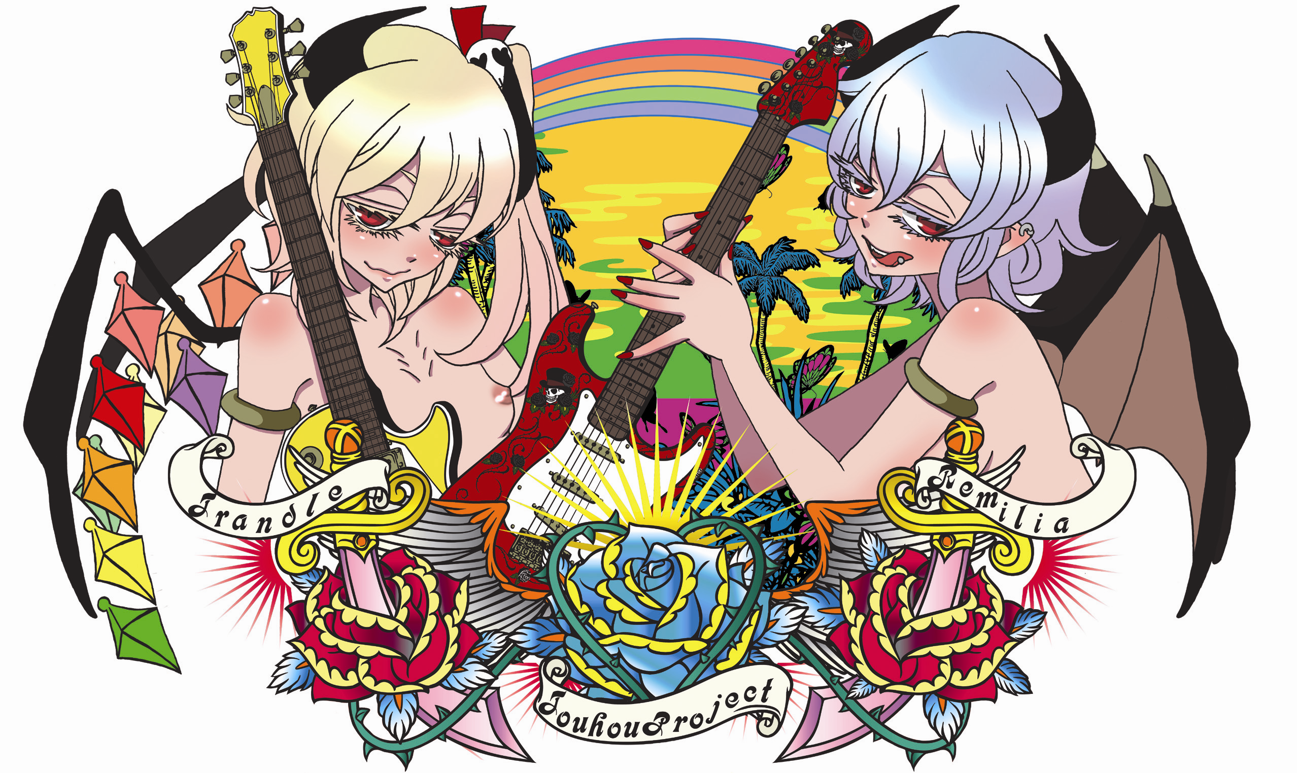 pussywagon527, flandre scarlet, remilia scarlet, touhou, bad id, bad pixiv id, highres, 2girls, blonde hair, blue hair, ear piercing, electric guitar, female focus, fender stratocaster, flower, gibson les paul, guitar, instrument, multiple girls, nude, piercing, rainbow, red eyes, siblings, sisters, tongue piercing, wings