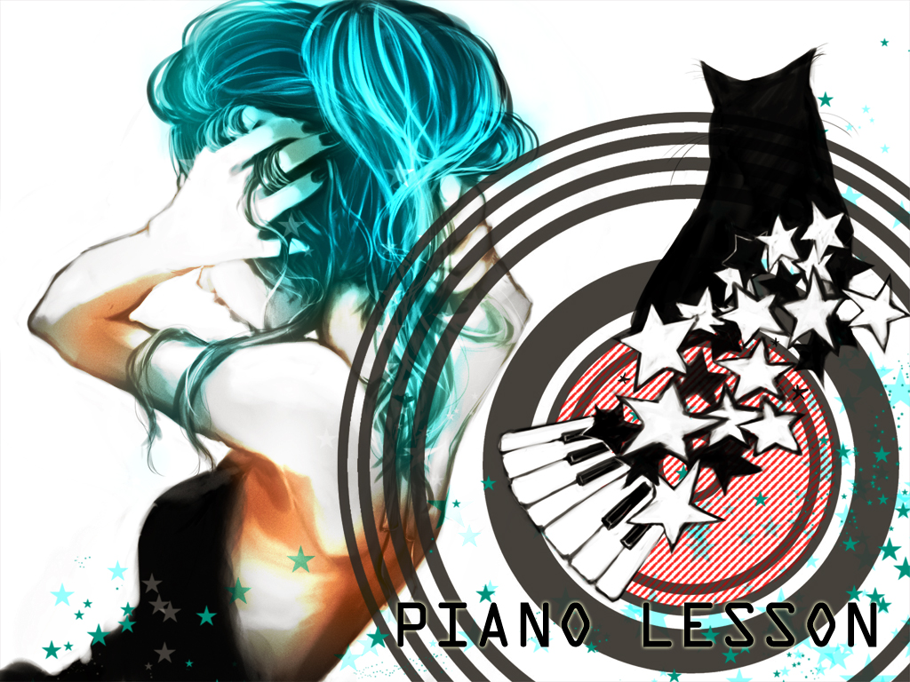 hie (tom), hatsune miku, vocaloid, bad id, bad pixiv id, 1girl, adjusting hair, alternate hairstyle, aqua hair, black nails, cat, female focus, instrument, keyboard, keyboard (instrument), long hair, nail polish, ponytail, solo, star (symbol)