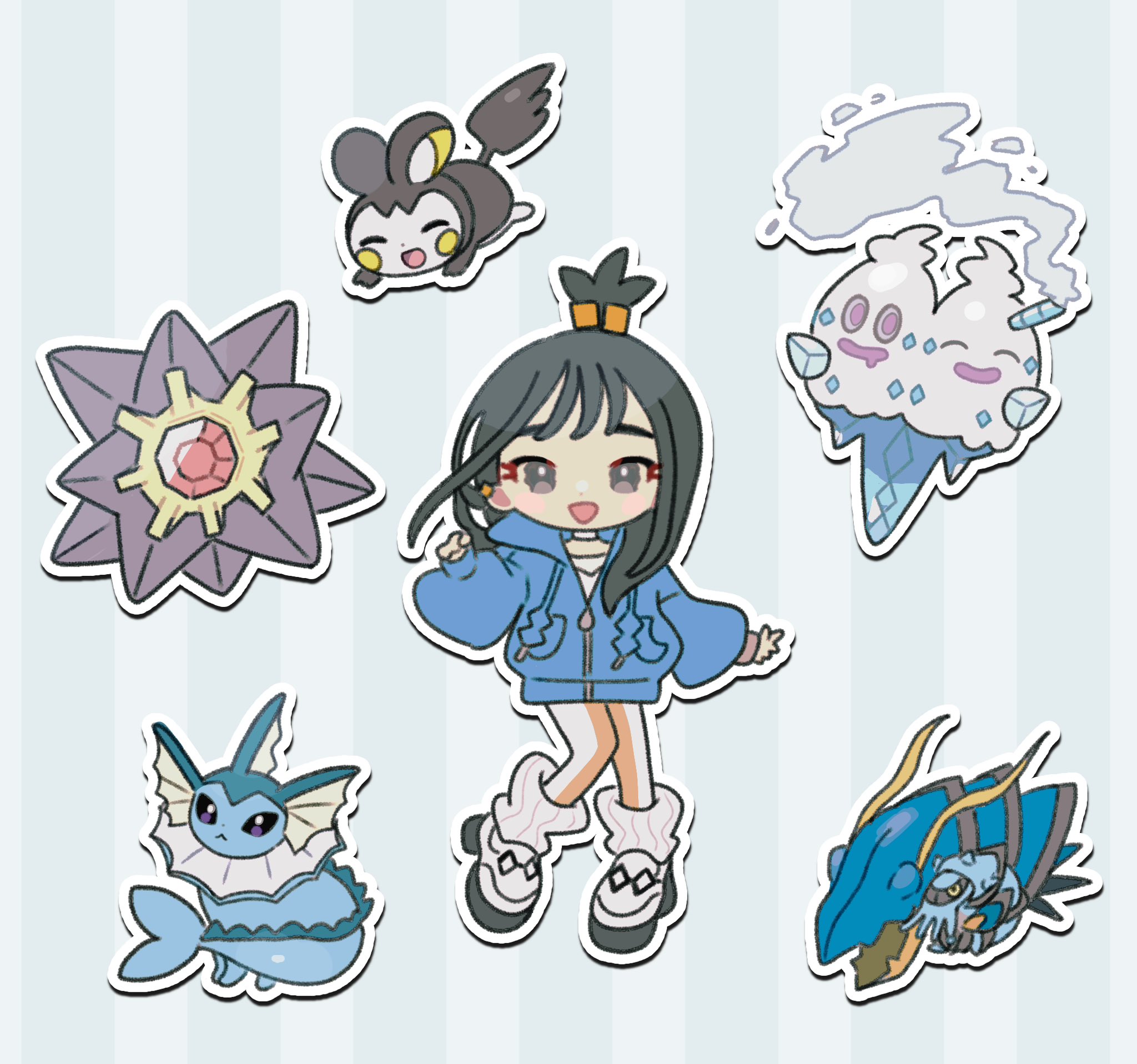 eneko (olavcnkrpucl16a), clawitzer, emolga, lida (pokemon), starmie, vanilluxe, vaporeon, nintendo, pokemon, pokemon legends: z-a, highres, 1girl, :d, black hair, blue hoodie, chibi, chibi only, cube hair ornament, gen 1 pokemon, gen 5 pokemon, gen 6 pokemon, hair ornament, hood, hood down, hoodie, leggings, long hair, long sleeves, looking at viewer, open mouth, pokemon (creature), ribbed socks, shoes, smile, socks, tassel, topknot, white shoes, white socks