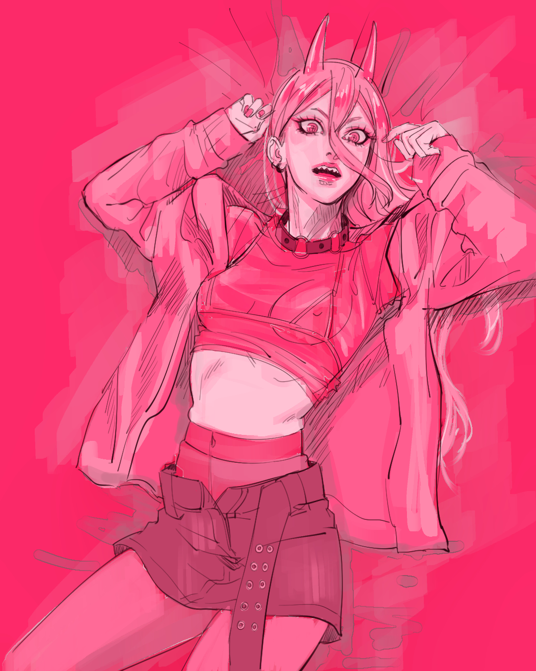 meguzm, power (chainsaw man), chainsaw man, highres, 1girl, breasts, crop top, demon girl, demon horns, hair between eyes, horns, jacket, open mouth, pantyhose, pink background, pink eyes, pink hair, pink horns, pink jacket, pink nails, pink pantyhose, pink shirt, purple skirt, shirt, skirt, small breasts, solo