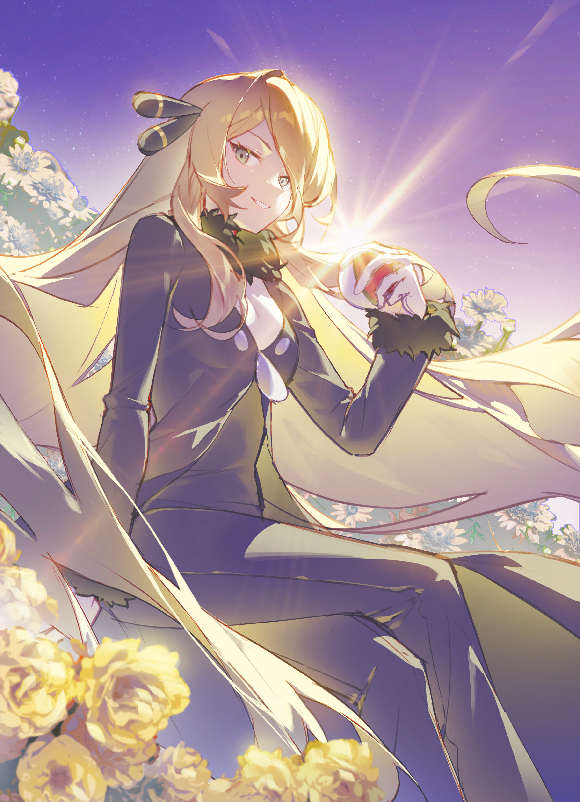 mongguri, cynthia (pokemon), nintendo, pokemon, pokemon dppt, absurdres, commentary request, highres, korean commentary, 1girl, black coat, black collar, black pants, black shirt, blonde hair, coat, collar, day, eyelashes, floating hair, flower, fur-trimmed coat, fur collar, fur trim, grey eyes, grin, hair ornament, hand up, happy, holding, holding poke ball, long hair, long sleeves, looking to the side, outdoors, pants, poke ball, poke ball (basic), shirt, sitting, sky, smile, solo, sun, teeth, yellow flower
