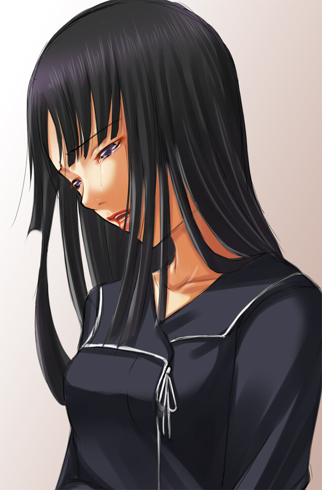 shokuyou mogura, isayama yomi, ga-rei, ga-rei zero, bad id, bad pixiv id, 00s, 1girl, black hair, blunt bangs, female focus, hime cut, long hair, purple eyes, school uniform, serafuku, solo, tears