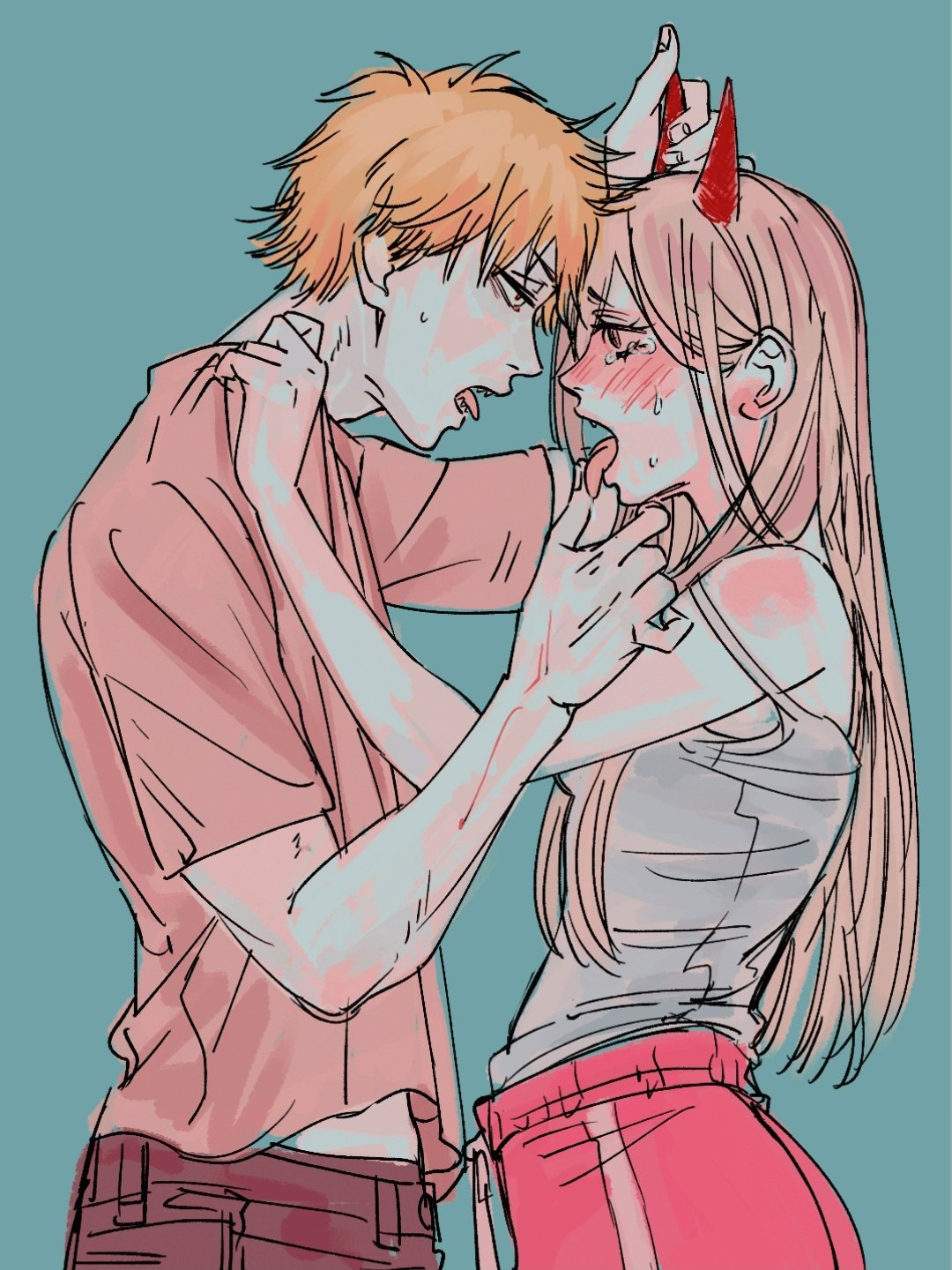 meguzm, denji (chainsaw man), power (chainsaw man), chainsaw man, highres, 1boy, 1girl, blonde hair, blush, camisole, demon girl, demon horns, grabbing another's horns, grey camisole, hetero, horns, long hair, open mouth, pink shirt, pink shorts, red horns, shirt, short hair, shorts, sweat, tongue, tongue out