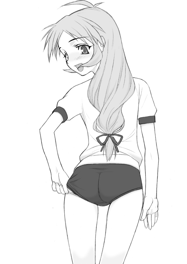 shichimenchou, kashiwagi hatsune, kizuato, 1girl, ahoge, ass, buruma, female focus, greyscale, gym uniform, monochrome, simple background, solo