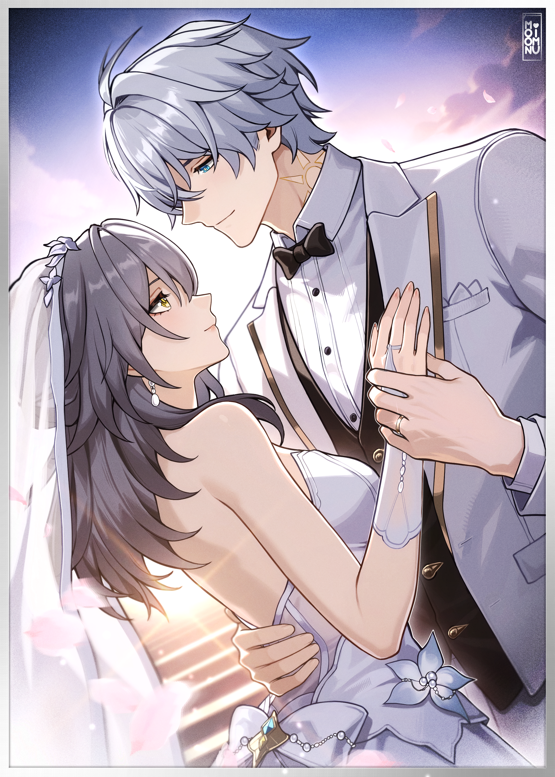 moonimu art, phainon (honkai: star rail), stelle (honkai: star rail), trailblazer (honkai: star rail), honkai: star rail, honkai (series), absurdres, commentary, english commentary, highres, 1boy, 1girl, alternate costume, antenna hair, arm around waist, bare shoulders, black bow, black bowtie, black vest, blue eyes, bow, bowtie, breasts, bridal gauntlets, bridal veil, bride, closed mouth, collared shirt, couple, dress, dress flower, earrings, falling petals, flower, grey hair, groom, hand on another's back, hand on another's chest, hetero, holding hands, jacket, jewelry, light smile, long hair, looking at another, medium breasts, neck tattoo, outdoors, pearl earrings, petals, ring, shirt, short hair, strapless, strapless dress, sunrise, tattoo, upper body, veil, vest, wedding dress, wedding ring, white dress, white jacket, white shirt, yellow eyes