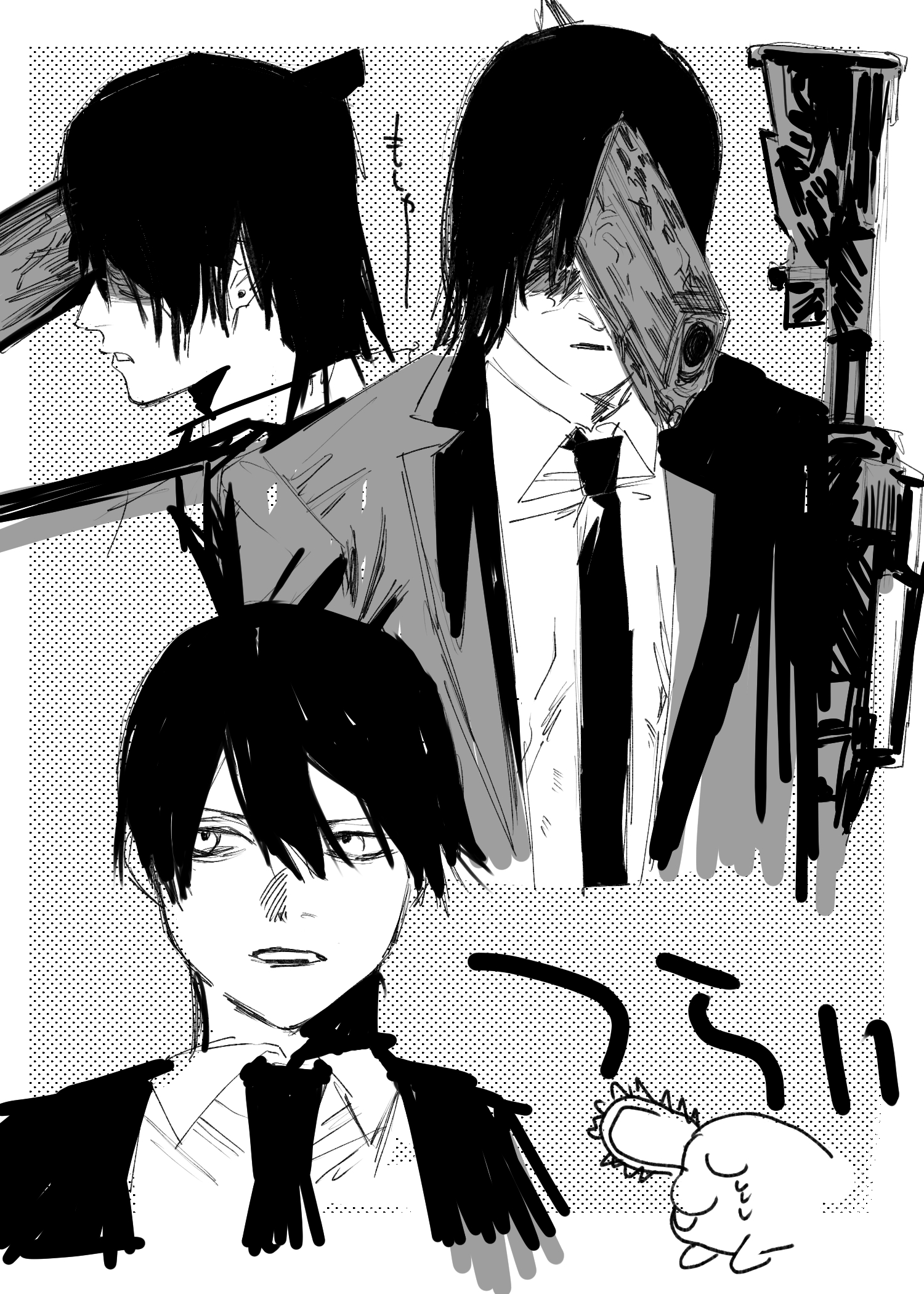 hayakawa aki, pochita (chainsaw man), chainsaw man, highres, 1boy, collared shirt, formal clothes, gun, gun fiend (chainsaw man), hair down, jacket, male focus, medium hair, mitsuru time, necktie, rifle, shirt, suit, suit jacket, topknot, weapon