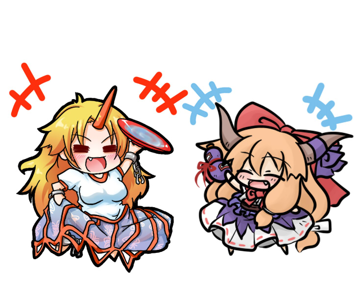 harushioto, haruyonoto, yanagi (nurikoboshi), hoshiguma yuugi, ibuki suika, touhou, 2girls, = =, alcohol, blonde hair, chibi, cup, fang, female focus, gourd, horns, long hair, multiple girls, sakazuki, sake, single horn, smile