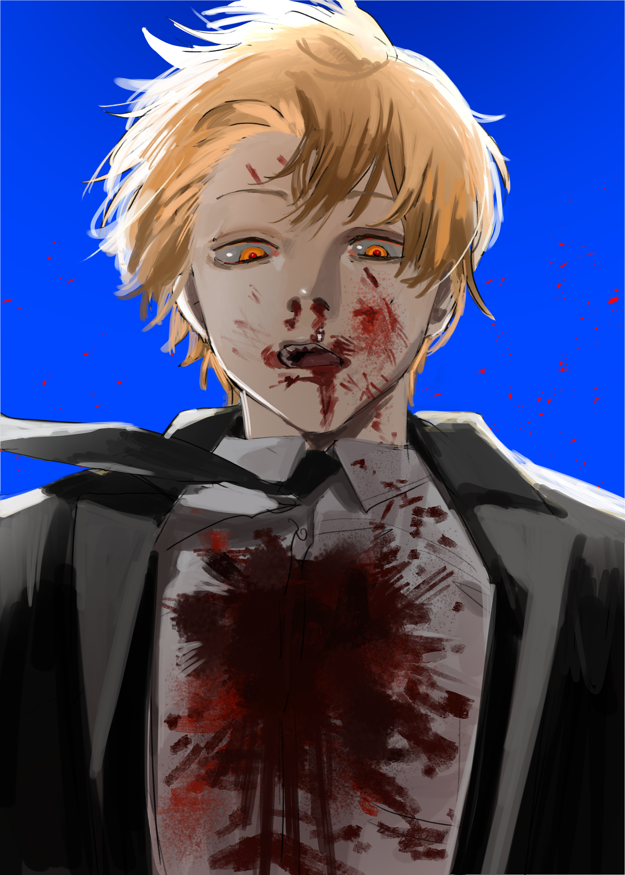 denji (chainsaw man), chainsaw man, absurdres, highres, 1boy, black jacket, black necktie, blonde hair, blood, blood on clothes, blood on face, collared shirt, jacket, male focus, mitsuru time, necktie, nosebleed, orange eyes, shirt, short hair, solo, suit jacket, white shirt