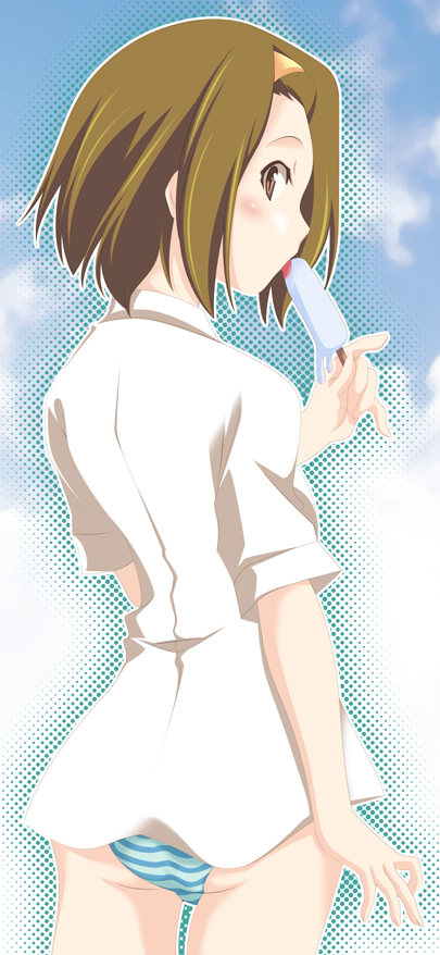 akaho sakura, tainaka ritsu, k-on!, 00s, 1girl, ass, brown hair, dress shirt, female focus, food, hairband, halftone, halftone background, ice cream, outdoors, panties, shirt, short hair, sky, solo, striped clothes, striped panties, tomboy, underwear