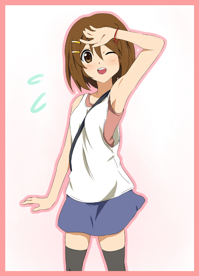 ikari manatsu, hirasawa yui, k-on!, 00s, 1girl, armpits, between breasts, breasts, brown eyes, brown hair, casual, female focus, one eye closed, short hair, solo, strap between breasts, thighhighs, wink