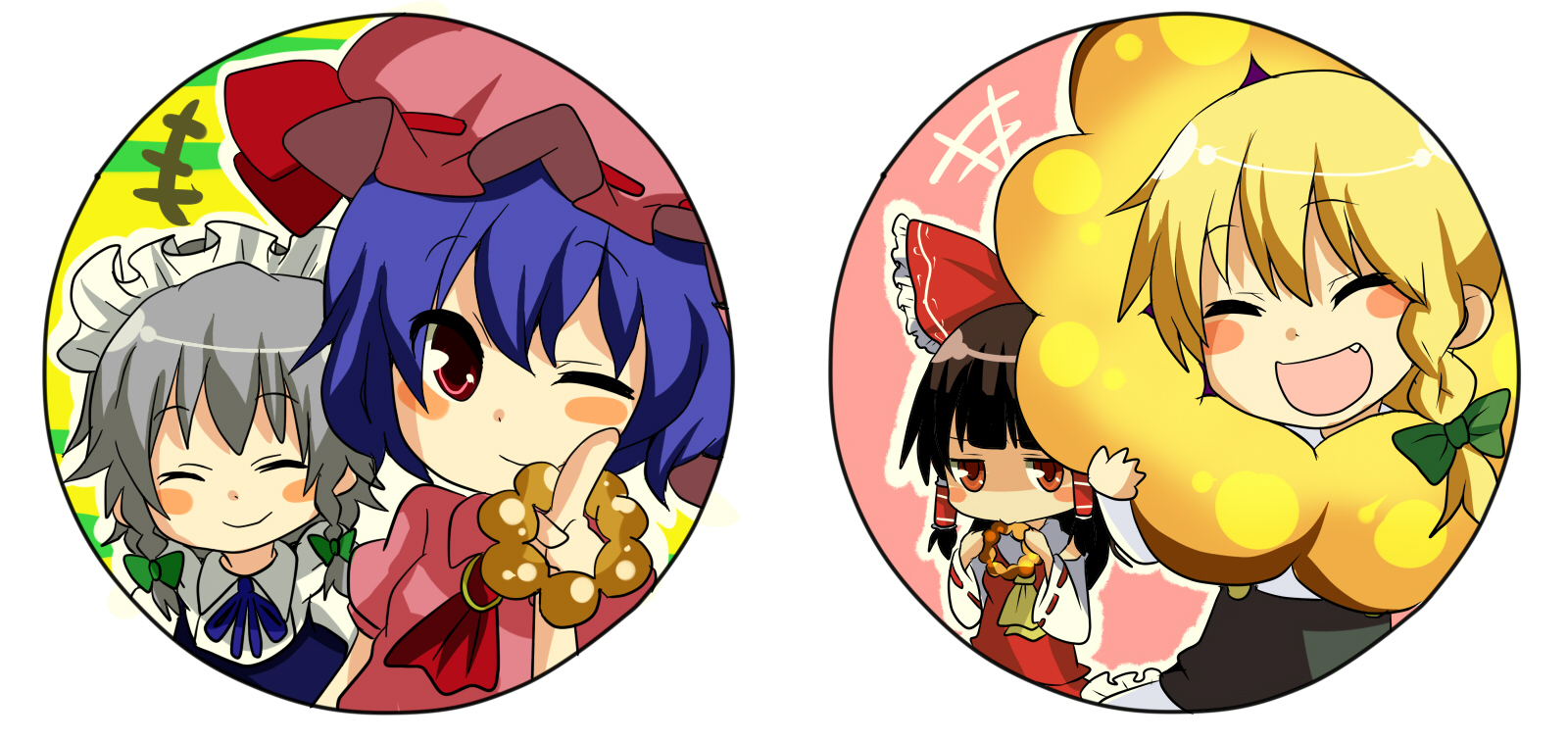 pun2, hakurei reimu, izayoi sakuya, kirisame marisa, remilia scarlet, touhou, silver hair, bad id, bad pixiv id, highres, 4girls, :d, ^ ^, blonde hair, blunt bangs, blush, bracelet, closed eyes, closed mouth, expressionless, female focus, frills, index finger raised, jewelry, jitome, looking at viewer, maid headdress, multiple girls, open mouth, red eyes, shaded face, smile, tareme