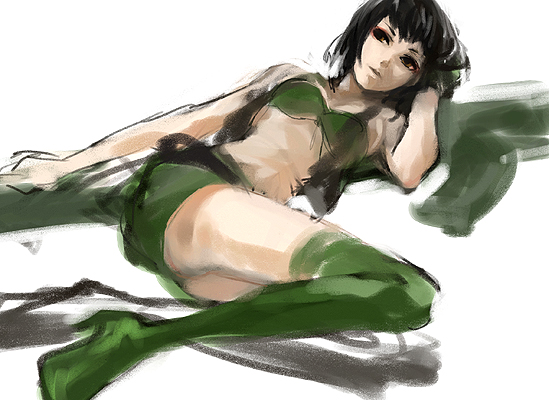 mikeneko ringo, uroko, uroko (mnr), holly summers, grasshopper manufacture, no more heroes, 1girl, amputee, bikini, bikini top only, black hair, female focus, green bikini, lying, short hair, solo, swimsuit, thighhighs