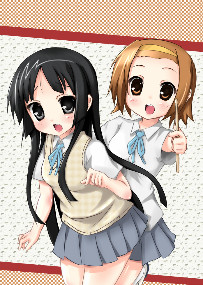 karaage3, akiyama mio, tainaka ritsu, k-on!, 00s, 2girls, black eyes, black hair, brown eyes, brown hair, drumsticks, hairband, long hair, multiple girls, open mouth, round teeth, school uniform, short hair, sweater vest, teeth