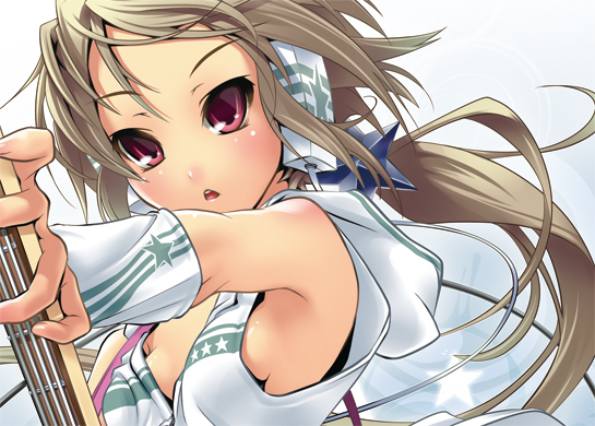 nilitsu, ann (nilitsu), original, 1girl, armpits, bare shoulders, bass guitar, breasts, brown hair, female focus, headphones, instrument, long hair, medium breasts, ponytail, sideboob, solo