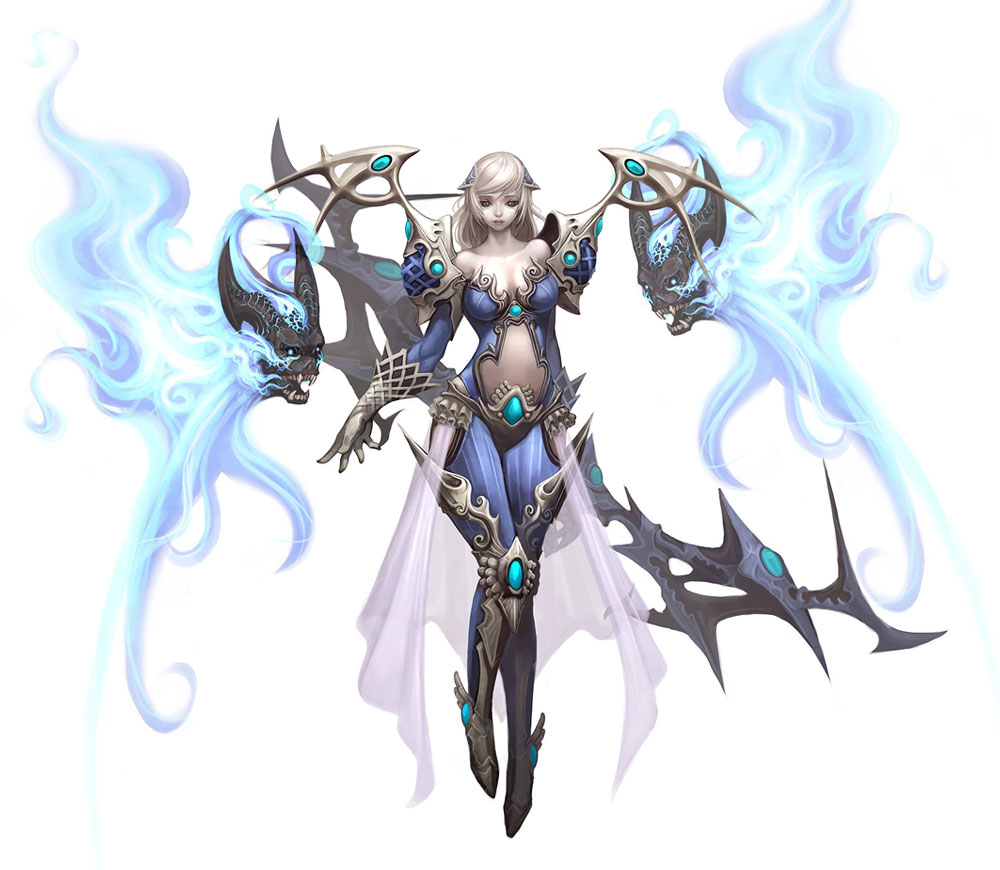 verdandi, atlantica online, 1girl, armor, bare shoulders, fantasy, female focus, long hair, magic, midriff, simple background, solo, staff, white background, white hair