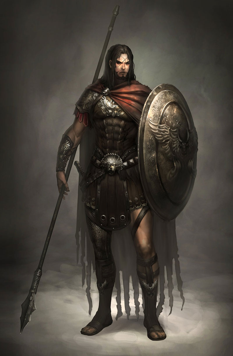 spartan, atlantica online, highres, armor, beard, brown hair, cape, chainmail, facial hair, greaves, long hair, male focus, polearm, pteruges, scar, sheath, sheathed, shield, solo, spear, sword, weapon