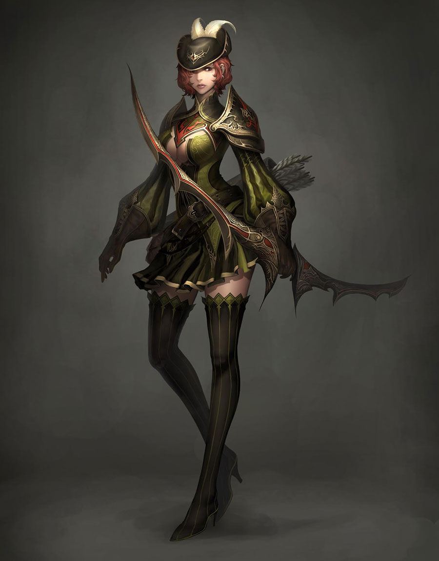 atlantica online, armor, boots, bow (weapon), feathers, hat, red hair, short hair, thigh boots, thighhighs, weapon