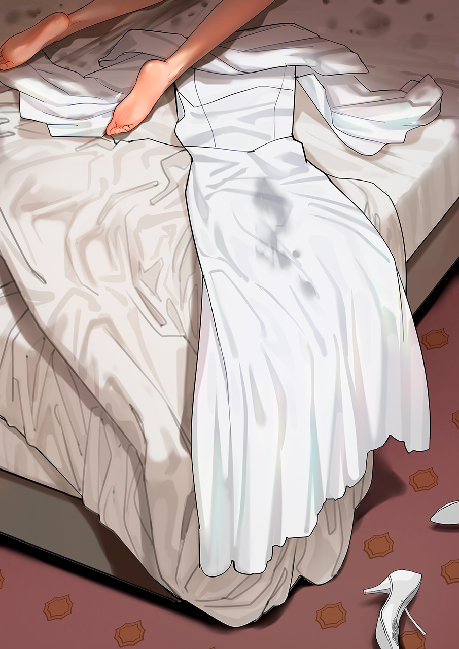 a1 (initial-g), original, highres, barefoot, bed, dress, feet, high heels, implied after sex, indoors, long dress, lying, on bed, on stomach, out of frame, pumps, shoes, soles, stained clothes, stained sheets, unworn shoes, white dress