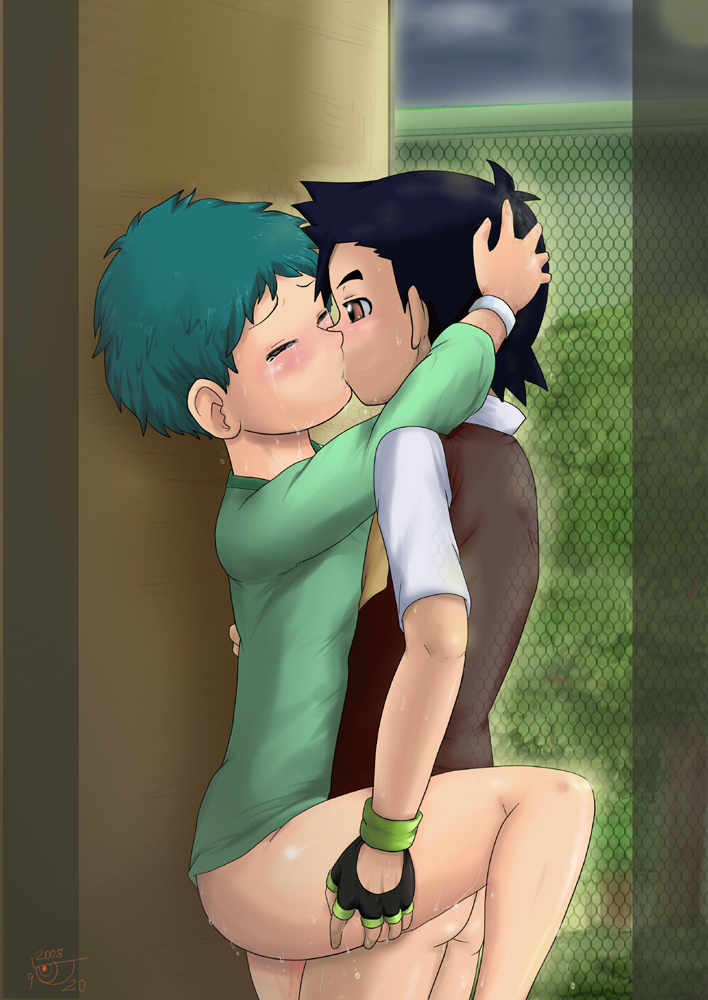 gouguru, angie (pokemon), ash ketchum, nintendo, pokemon, pokemon (anime), 1boy, 1girl, against wall, alternate costume, androgynous, ass, black hair, blood, blush, bottomless, bracelet, brown eyes, closed eyes, couple, defloration, fence, fingerless gloves, gloves, green hair, hetero, hug, jewelry, kiss, knees, kodomo doushi, leg lift, legs, loli, no panties, reverse trap, sex, short hair, shota, sweat, sweatdrop, tears, thigh grab, vaginal