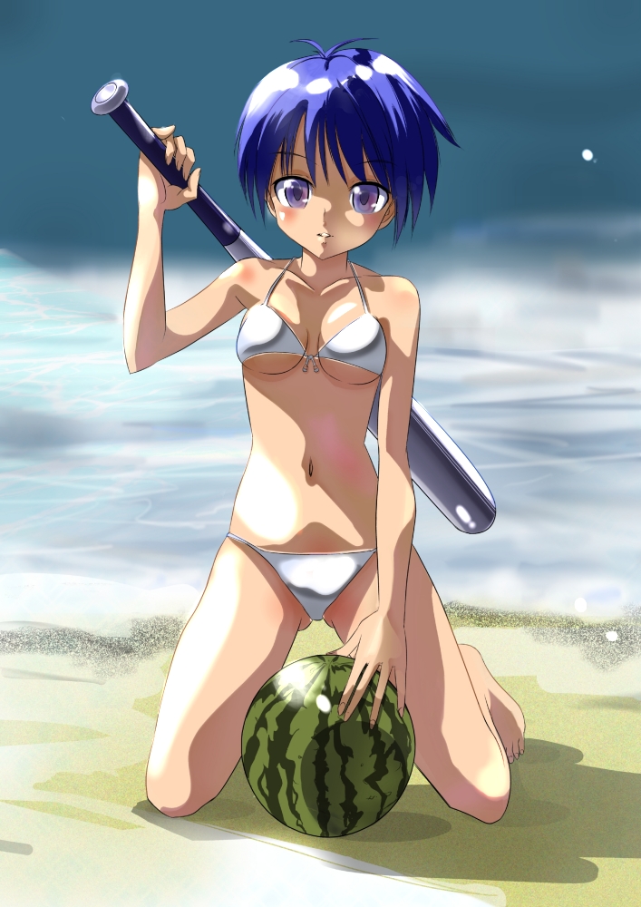 jingorou, bad id, bad pixiv id, baseball bat, beach, bikini, blue hair, day, food, fruit, purple eyes, short hair, solo, suikawari, swimsuit, watermelon, white bikini