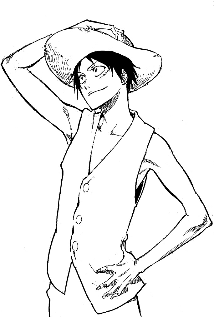 kubo tite, monkey d. luffy, one piece, 1boy, black hair, greyscale, hat, male focus, monochrome, scar, short hair, simple background, solo, straw hat