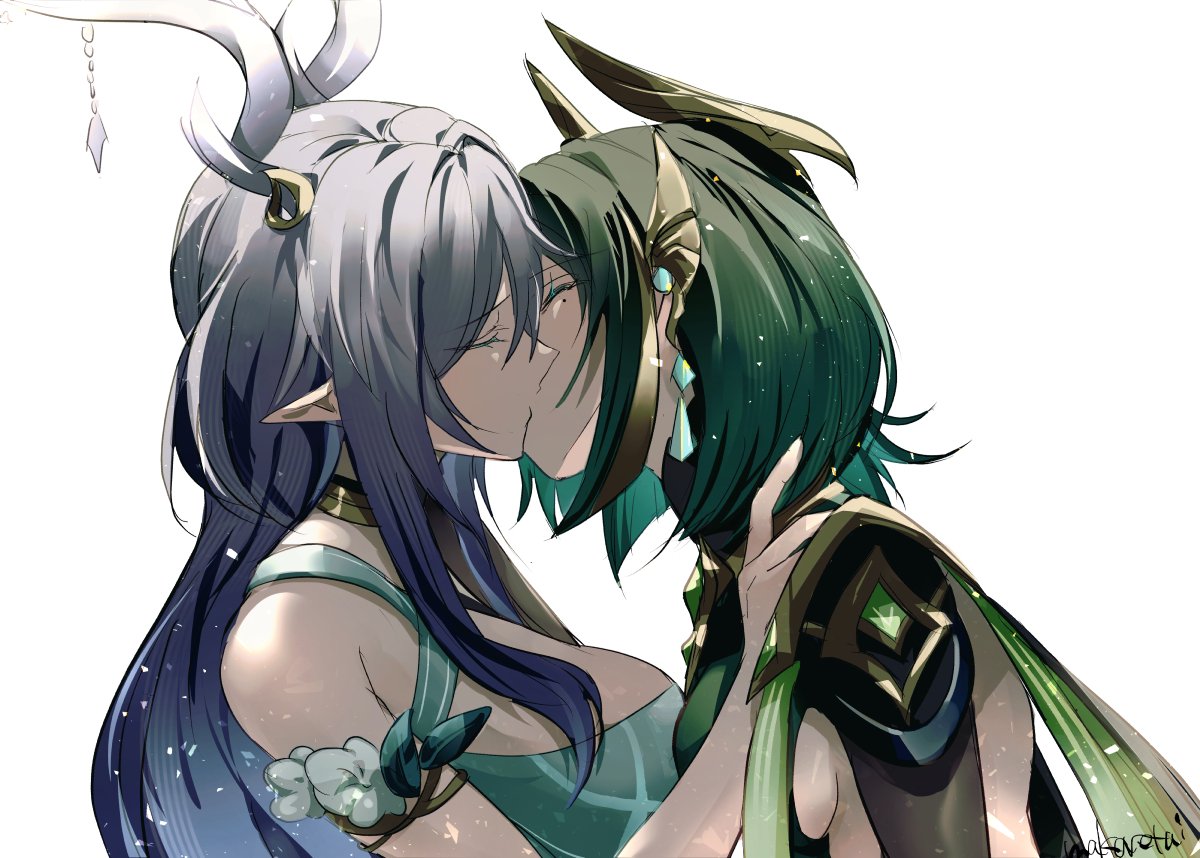 makaretaiyo, lauma (genshin impact), nefer (genshin impact), genshin impact, commentary, english commentary, 2girls, antlers, blue hair, breasts, closed eyes, facing another, green hair, horns, kiss, large breasts, multiple girls, pointy ears, sideboob, signature, simple background, upper body, white background, yuri