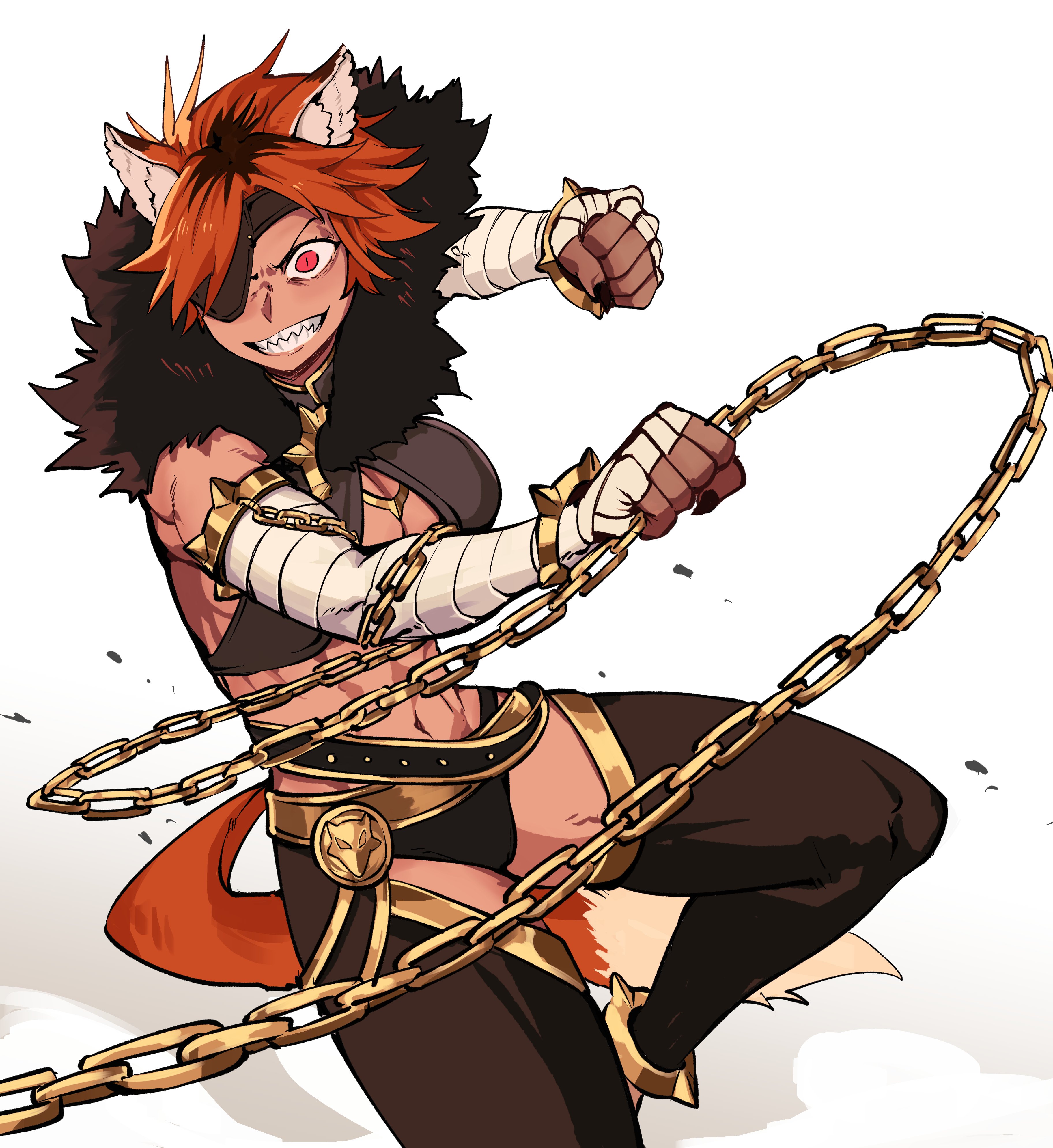 antares topaz, original, gold armlet, absurdres, commentary, english commentary, highres, 1girl, abs, animal ear fluff, animal ears, anklet, armlet, attack, bandaged arm, bandaged hand, bandages, belt, bracelet, breasts, brown pants, center opening, chain, clenched hands, colored extremities, dust, eyepatch, fingernails, gold anklet, gold belt, gold bracelet, gold chain, gold trim, incoming attack, incoming punch, jewelry, long fingernails, looking at viewer, manoela (genis94), medium breasts, messy hair, multicolored hair, navel, orange hair, pants, punching, red eyes, revealing clothes, sharp fingernails, sharp teeth, solo, spiked hair, standing, standing on one leg, streaked hair, studded belt, teeth, toned, toned female, two-tone hair, white background