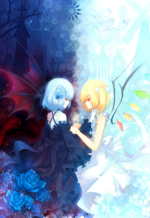 dhiea, flandre scarlet, remilia scarlet, sound horizon, touhou, bad id, bad pixiv id, 2girls, alternate costume, angel, angel and devil, bare shoulders, bat wings, blonde hair, blue hair, crossover, demon, dress, flower, hair flower, hair ornament, multiple girls, no headwear, ponytail, profile, red eyes, rose, short hair, siblings, side ponytail, sisters, wings
