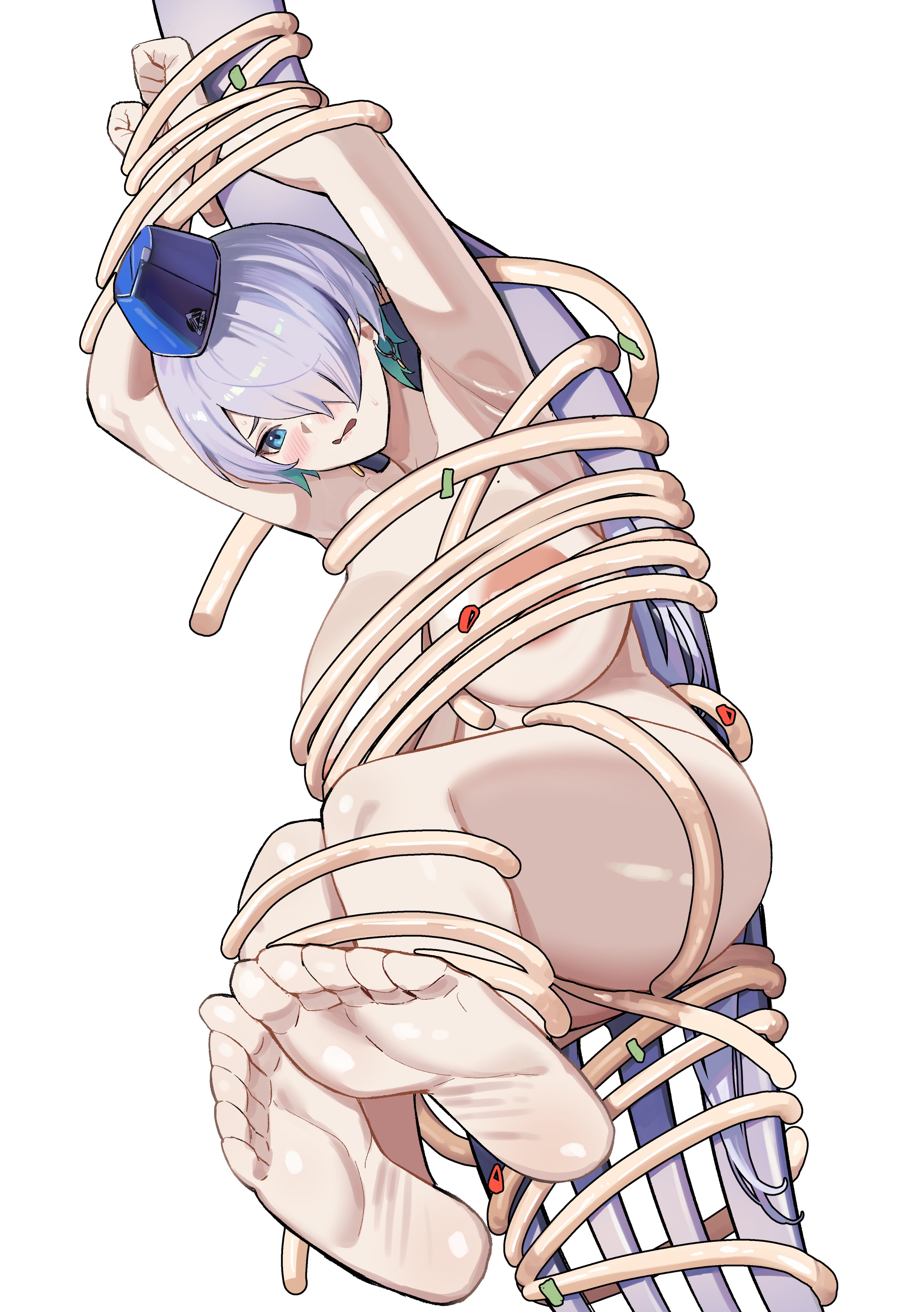 yusi vishnu, brid (nikke), goddess of victory: nikke, absurdres, commentary, commission, english commentary, highres, second-party source, 1girl, aqua hair, areola slip, armpits, arms up, barefoot, blue eyes, blue hat, blush, breasts, colored inner hair, completely nude, earrings, feet, floating earrings, food, fork, full body, garrison cap, grey hair, hair between eyes, hair over one eye, hat, immobilization, jewelry, large breasts, long hair, low ponytail, mini person, minigirl, mole, mole on breast, multicolored hair, nude, open mouth, pasta, ponytail, restrained, sidelocks, simple background, soles, solo, stationary restraints, sweat, toes, two-tone hair, upright restraints, white background