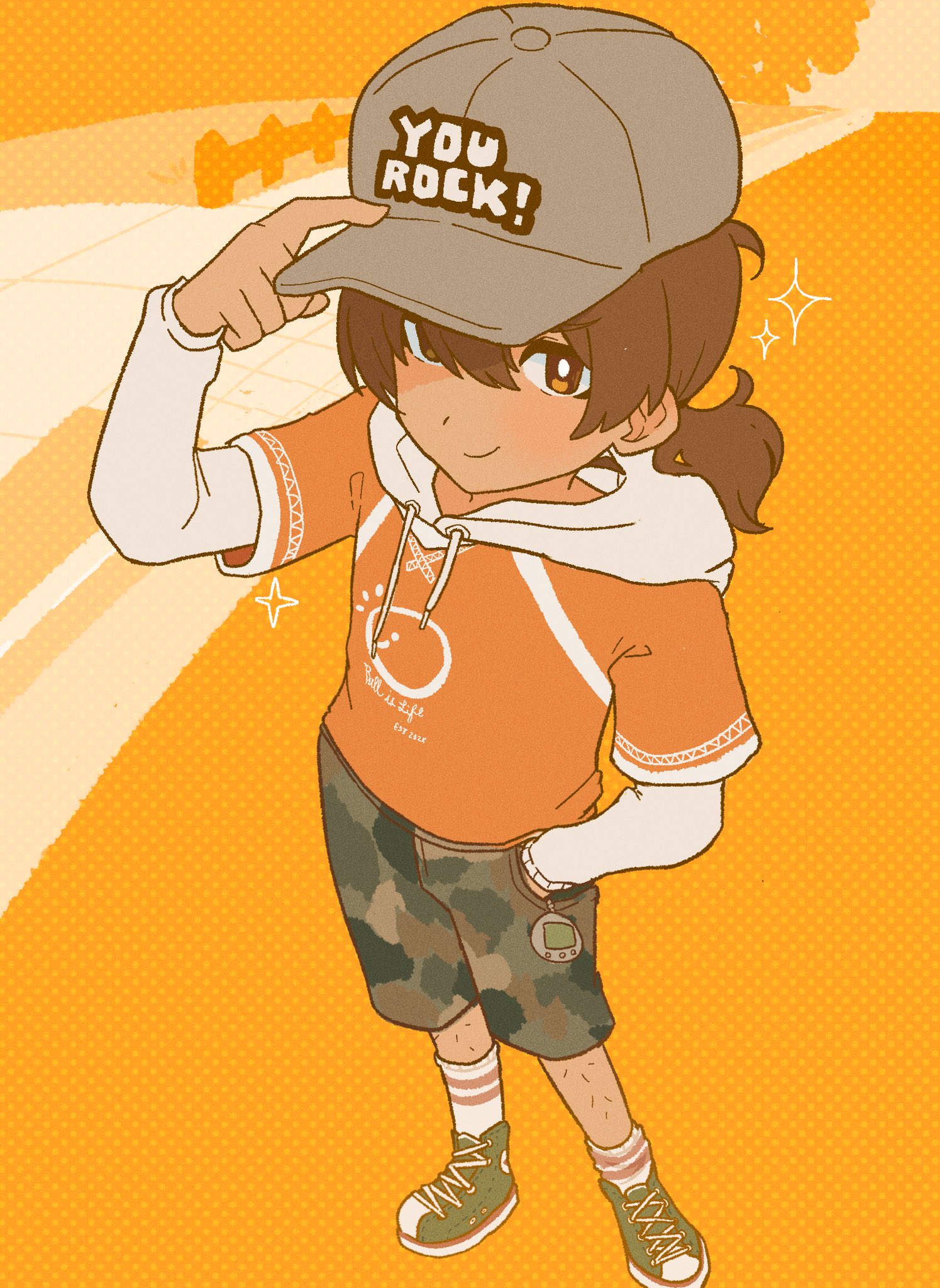 mewowem omo, kel (birthday) (omori), kel (faraway) (omori), kel (omori), omori, commentary, highres, symbol-only commentary, 1boy, arm up, baseball cap, bright pupils, brown eyes, brown hair, camouflage, camouflage shorts, closed mouth, dark-skinned male, dark skin, green shoes, grey hat, hat, hood, hood down, hoodie, leg hair, long sleeves, looking at viewer, low ponytail, male focus, orange hoodie, ponytail, shoes, short hair, short ponytail, shorts, smile, sneakers, socks, solo, white pupils, white socks