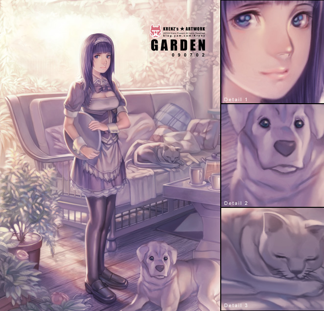 krenz, original, 00s, 2009, blue eyes, brown hair, cat, couch, dog, hairband, legs, lips, pantyhose, pillow, plant, tray, waitress, wrist cuffs