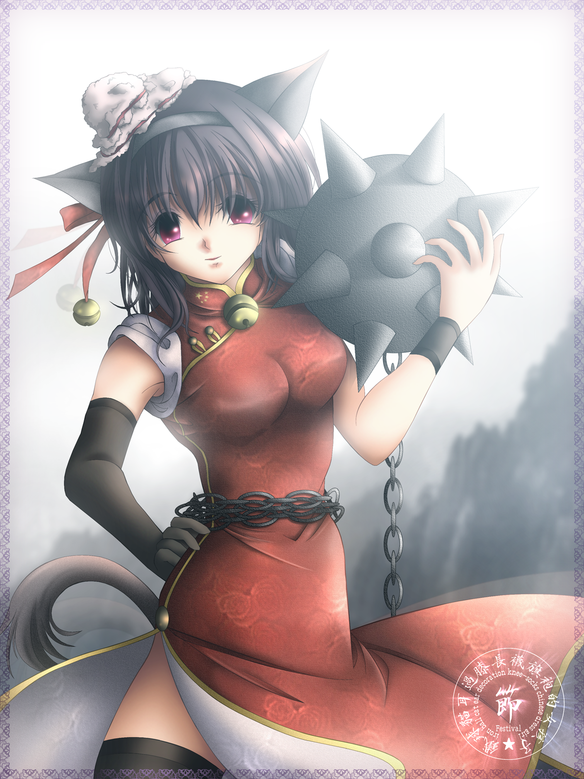 gisarme, highres, 1girl, animal ears, ball and chain (weapon), bell, black hair, breasts, cat ears, cat tail, chain, china, china dress, chinese clothes, dress, elbow gloves, female focus, gloves, hairband, hand on own hip, hat, hip focus, impossible clothes, impossible shirt, jingle bell, large breasts, mace, pink eyes, shirt, solo, spiked ball and chain, spikes, tail, thighhighs, weapon
