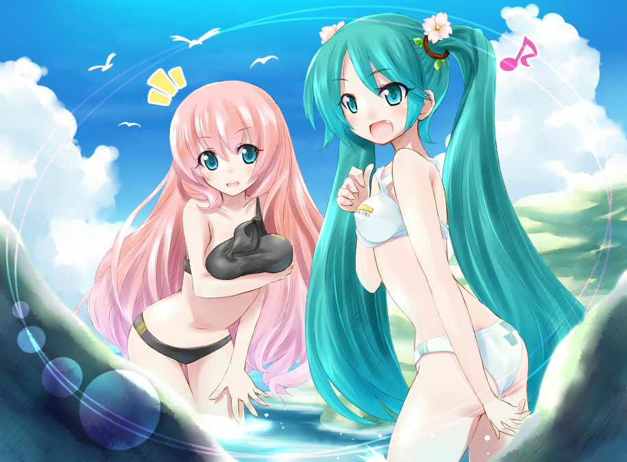 komone ushio, hatsune miku, megurine luka, vocaloid, breast hold, bad id, bad pixiv id, 2girls, :d, ^^^, aqua eyes, aqua hair, bare shoulders, bikini, bird, blue eyes, breasts, cloud, day, fang, flower, hair flower, hair ornament, leaning forward, lens flare, long hair, medium breasts, multiple girls, musical note, open mouth, outdoors, pink hair, sky, small breasts, smile, swimsuit, twintails, very long hair, wading, wardrobe malfunction, water