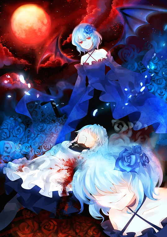 dhiea, izayoi sakuya, remilia scarlet, stardust, elysion, sound horizon, touhou, bad id, bad pixiv id, 2girls, bat wings, blood, blue hair, cloud, cross, crossover, dress, dual persona, flower, hair flower, hair ornament, maid, moon, multiple girls, night, night sky, petals, red moon, sky, wings