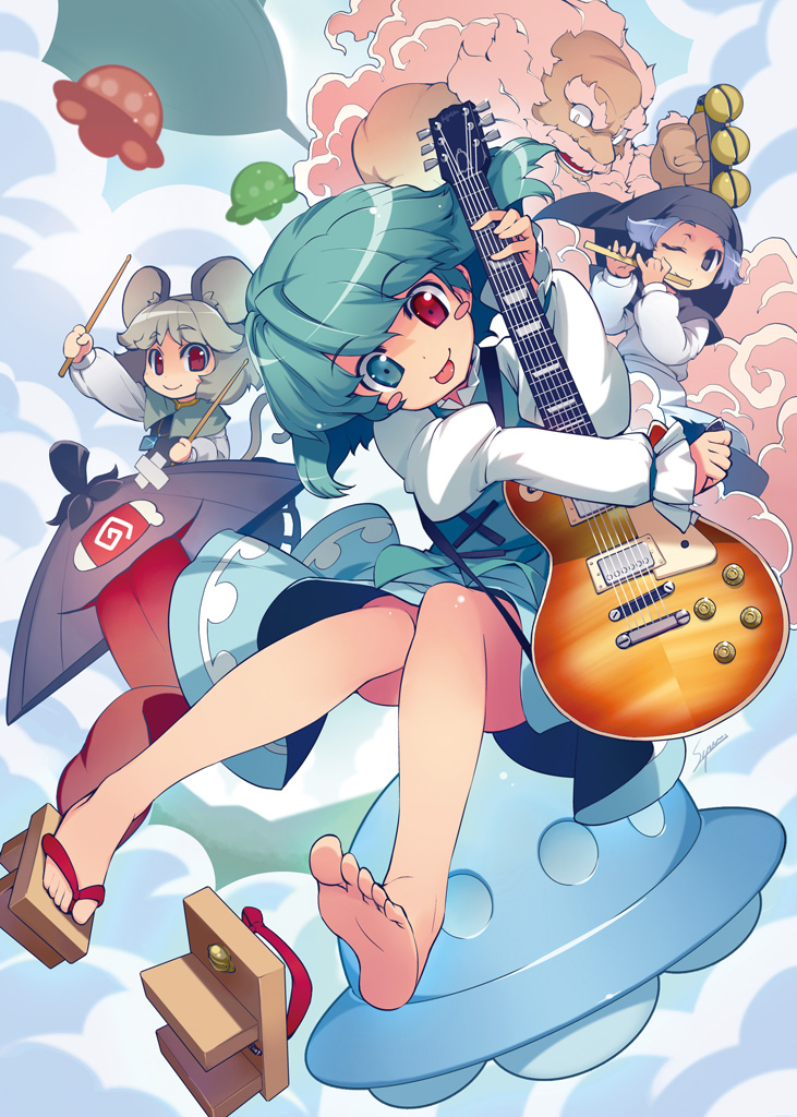 sumaki shungo, kumoi ichirin, nazrin, tatara kogasa, unzan, gibson, touhou, bad id, bad pixiv id, 3girls, :p, animal ears, barefoot, blue eyes, blue hair, cloud, drumsticks, electric guitar, feet, flute, geta, gibson les paul, grey hair, guitar, heterochromia, hood, instrument, karakasa obake, left shoe removed, legs, mouse ears, mouse tail, multiple girls, red eyes, sandals, shoes, short hair, single shoe, tail, tongue, tongue out, ufo, umbrella