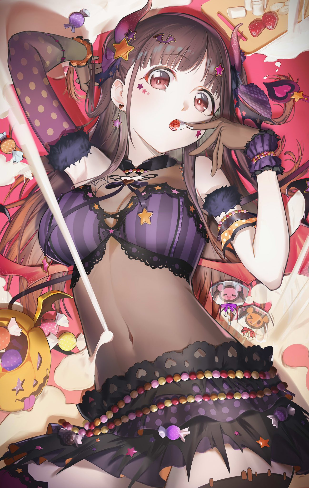 seseri aoba, character request, copyright request, highres, 1girl, arm up, armpits, asymmetrical gloves, bat hair ornament, black skirt, bodystocking, bra, bright pupils, brown hair, demon horns, earrings, elbow gloves, facial mark, finger to mouth, food, fruit, gloves, hair ornament, halloween, halloween costume, happy halloween, horns, jewelry, linea alba, long hair, looking at viewer, lying, mark under eye, marking on cheek, microskirt, on back, parted bangs, pink bra, polka dot gloves, presenting armpit, red eyes, see-through cleavage, see-through clothes, see-through midriff, single elbow glove, skirt, solo, star (symbol), star earrings, star facial mark, star hair ornament, strapless, strapless bra, strawberry, striped bra, striped clothes, suggestive fluid, underwear, vertical-striped bra, vertical-striped clothes, whipped cream, white pupils