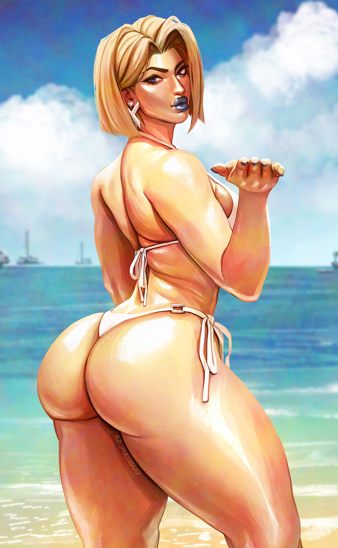 azuma yasuo, emma frost, marvel, marvel rivals, commentary, english commentary, highres, 1girl, 2025, arched back, arm at side, artist name, ass, back, bikini, blonde hair, blowing kiss, blue eyes, blue lips, blue nails, blue sky, blurry, breasts, contrapposto, curtained hair, depth of field, female focus, hand up, huge ass, legs apart, medium breasts, ocean, outdoors, puckered lips, ship, shore, short hair, shoulder blades, side-tie bikini bottom, sideboob, sky, solo, standing, swimsuit, thick lips, thick thighs, thighs, v-shaped eyebrows, watercraft, white bikini, wide hips