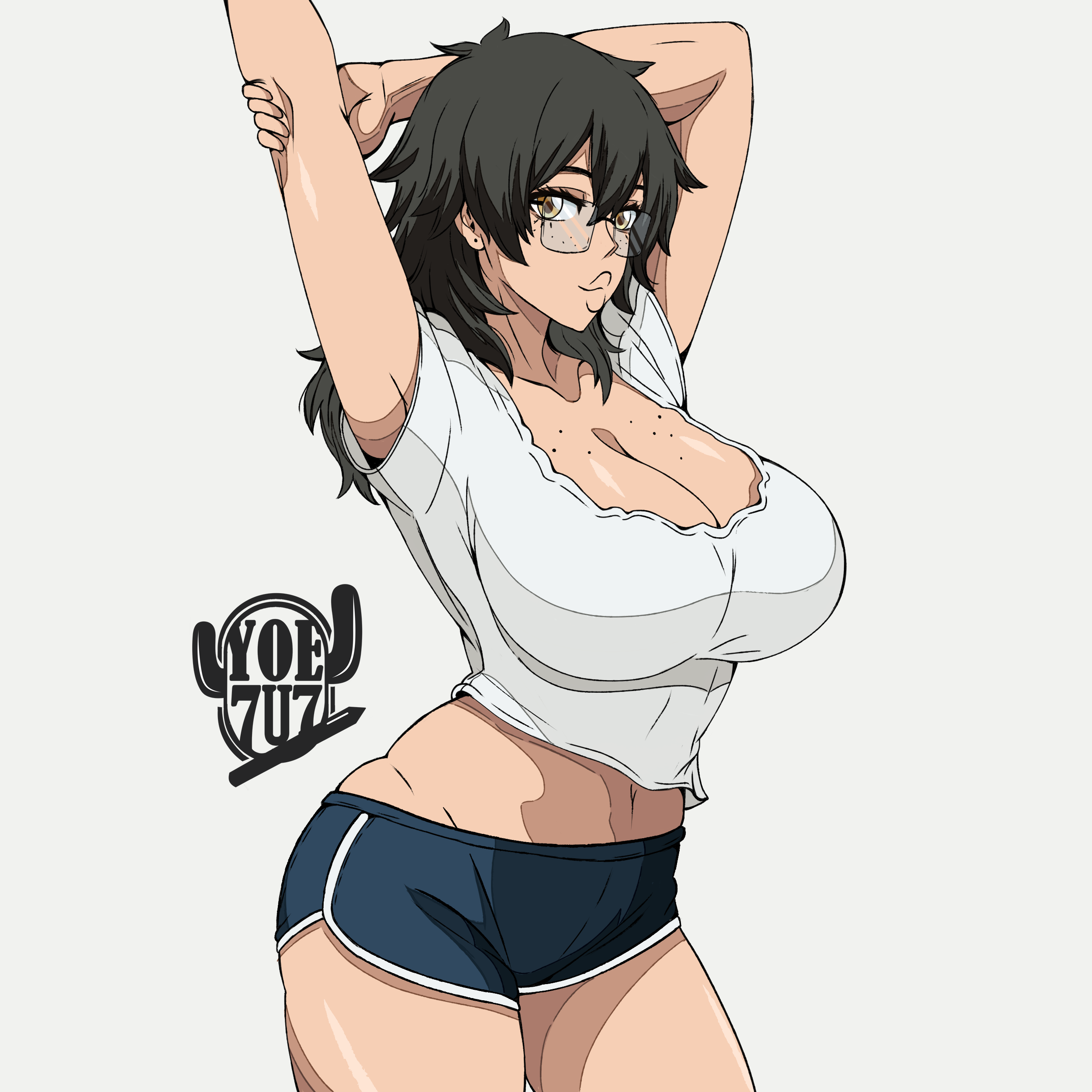 yoe 7u7, aki mary, tougen anki, absurdres, highres, 1girl, breasts, clothes lift, curvy, freckles, glasses, huge breasts, lips, medium hair, navel, nipples, no bra, parted lips, pussy juice, shiny skin, shirt lift, short shorts, shorts, smile, solo, steam, stretching, sweat, thick lips, thick thighs, thighs, wide hips, yellow eyes