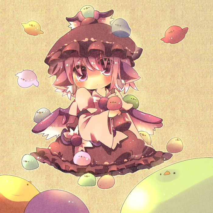 piyyoota, mystia lorelei, touhou, bad id, bad pixiv id, 1girl, animal, animal ears, animal on head, bird, bird on hand, bird on head, chibi, female focus, hat, kneeling, on head, pink eyes, pink hair, solo, wings