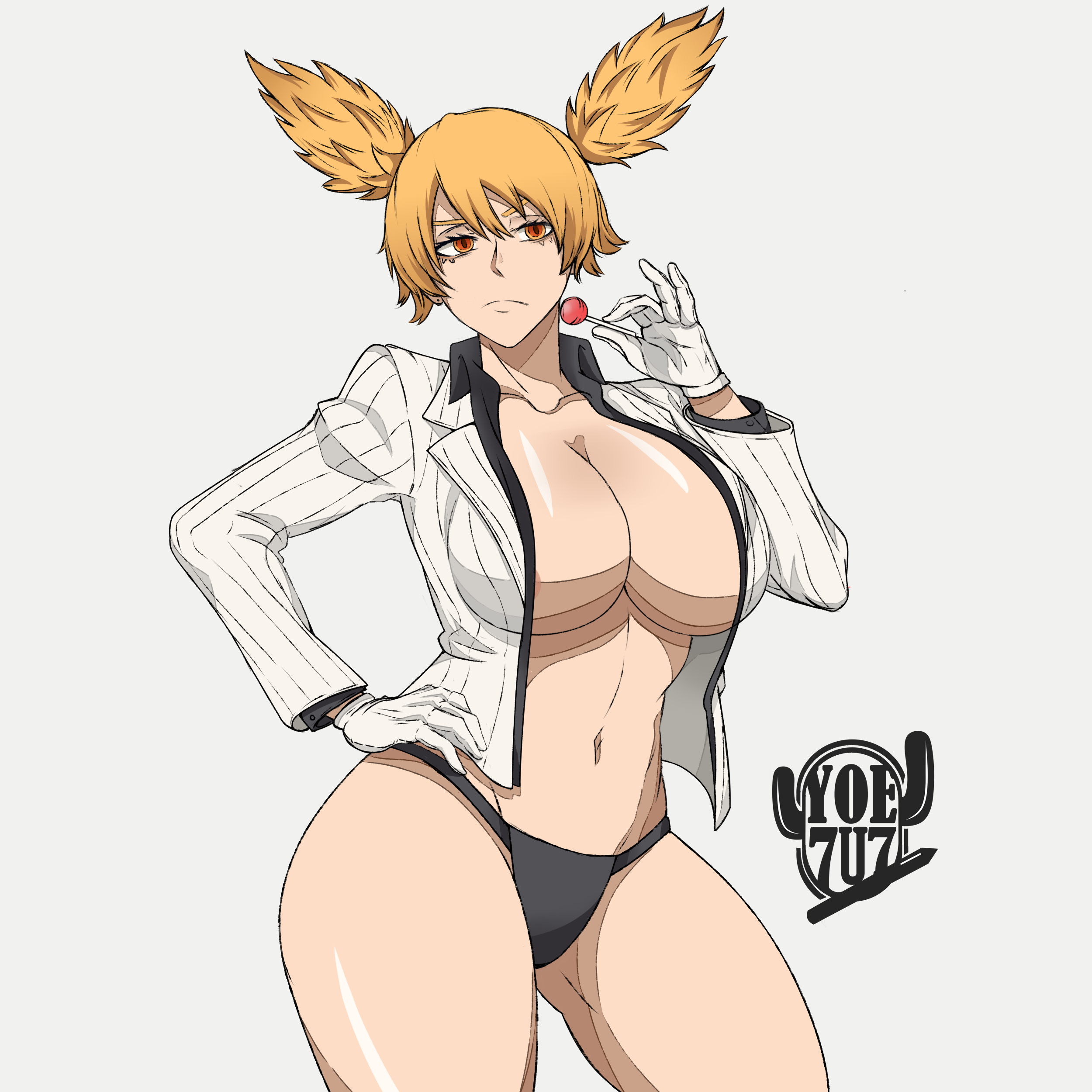 yoe 7u7, momokusa yomogi, tougen anki, highres, 1girl, :/, artist name, breasts, buttons, candy, cleavage, closed mouth, collarbone, food, gloves, hair between eyes, hand on own hip, huge breasts, jacket, lollipop, long sleeves, looking at viewer, medium hair, navel, no bra, open clothes, shiny skin, simple background, solo, standing, striped clothes, striped jacket, thong, twintails, v-shaped eyebrows, vertical-striped clothes, vertical-striped jacket, white gloves, white jacket, wide hips, yellow eyes