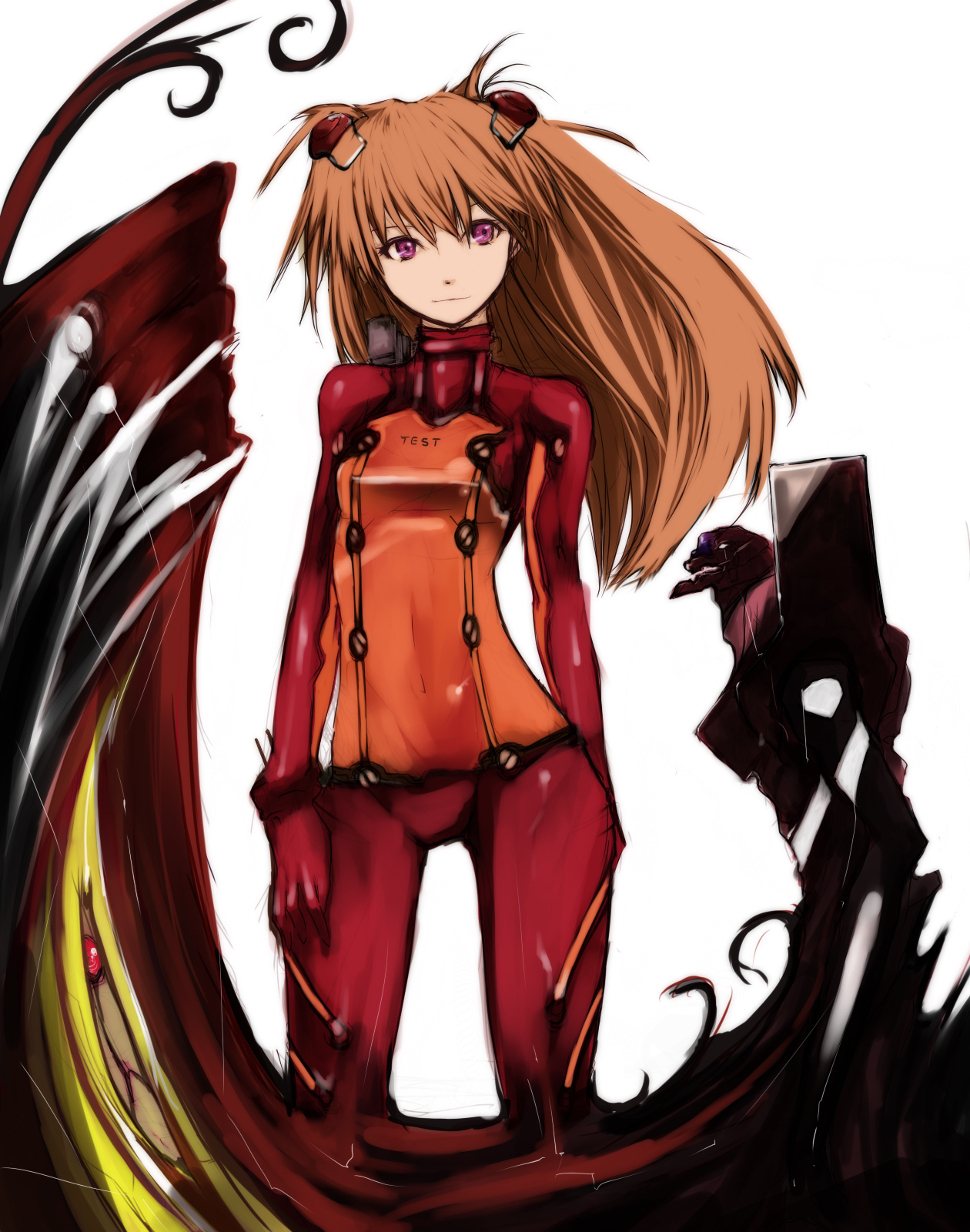 kae (artist), angel (evangelion), eva 02, eva 03, souryuu asuka langley, evangelion: 2.0 you can (not) advance, neon genesis evangelion, rebuild of evangelion, highres, 00s, 1girl, bodysuit, breasts, brown hair, cleavage, curvy, female focus, humanoid robot, long hair, mecha, mecha pilot suit, midriff, multicolored bodysuit, pink eyes, plugsuit (evangelion), robot, see-through cleavage, see-through clothes, shiny clothes, solo, test plugsuit (evangelion), two-tone bodysuit, very long hair