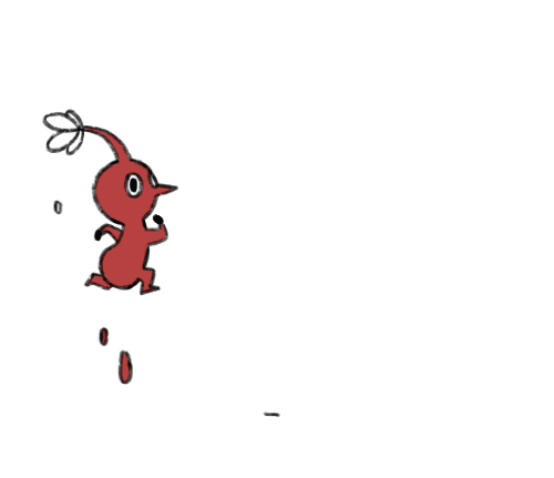 blue pikmin, red pikmin, yellow pikmin, nintendo, pikmin (series), animated, animated gif, commentary, english commentary, looping animation, lowres, black eyes, blue skin, bud, colored skin, creature, creature focus, falling, flat color, flower, hand on own cheek, hand on own face, hand on own hip, hands on own knees, jumping, leaf, no humans, outstretched arms, own hands together, parkuspanda, pikmin (creature), pointy ears, pointy nose, red skin, simple background, triangle mouth, white background, white flower, yellow skin