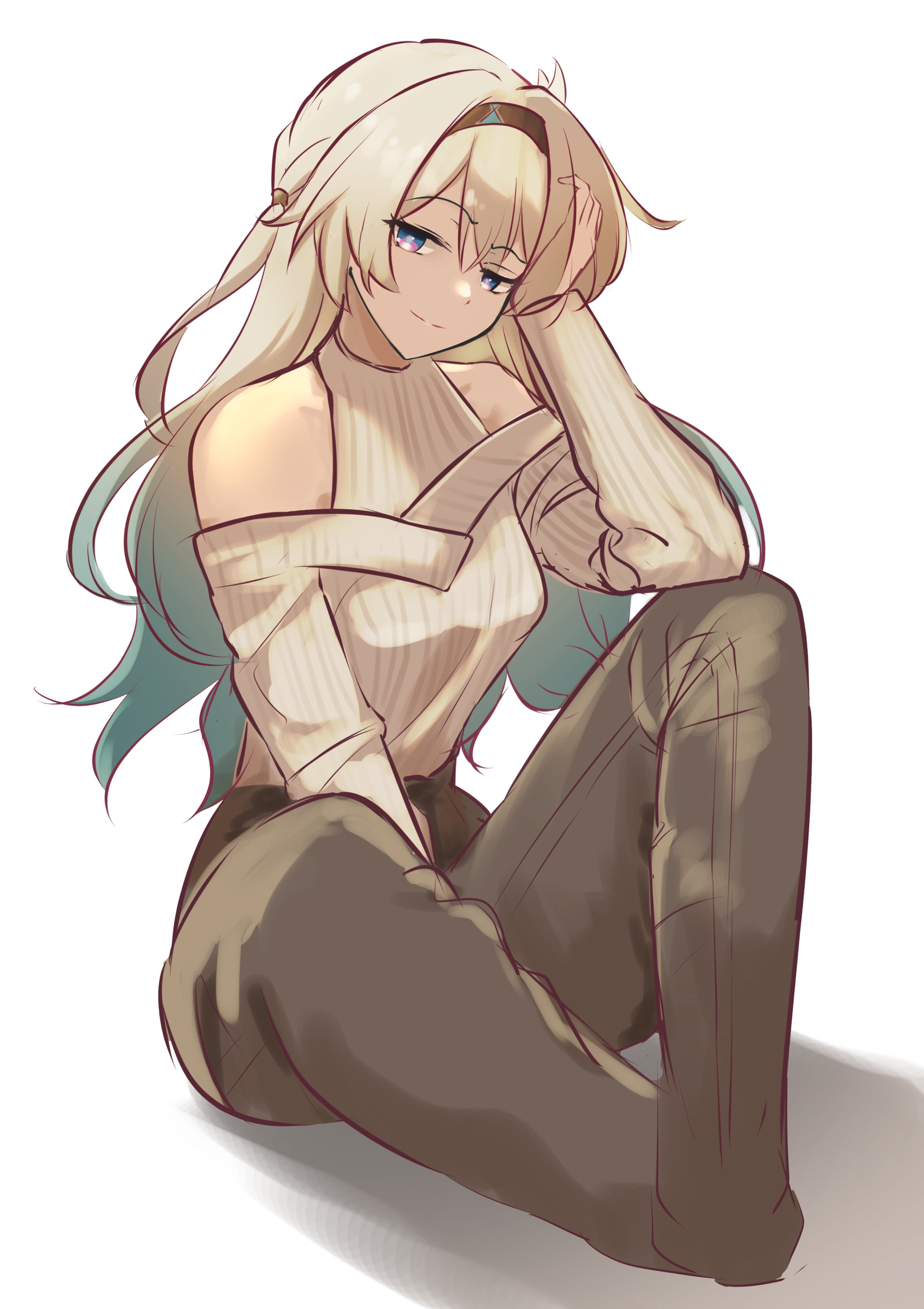 memeiradesuyo, firefly (honkai: star rail), honkai: star rail, honkai (series), absurdres, highres, 1girl, alternate costume, black hairband, blue pupils, gradient eyes, gradient hair, grey hair, hair intakes, hairband, hand in own hair, multicolored eyes, multicolored hair, simple background, solo, two-tone eyes, white background