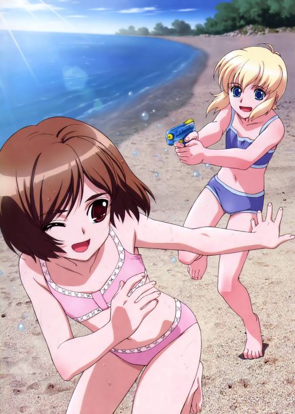 henrietta (gunslinger girl), rico (gunslinger girl), gunslinger girl, 00s, 2girls, beach, bikini, blonde hair, blue bikini, blue eyes, brown eyes, brown hair, multiple girls, pink bikini, running, smile, swimsuit, water, water gun